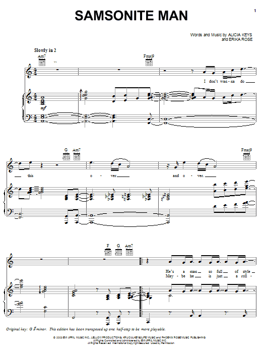 Learn to play Alicia Keys Samsonite Man sheet music for Piano, Vocal & Guitar (Right-Hand Melody) in minutes. Alicia Keys Samsonite Man sheet music preview music notes and score for Piano, Vocal & Guitar (Right-Hand Melody) including 9 page(s)