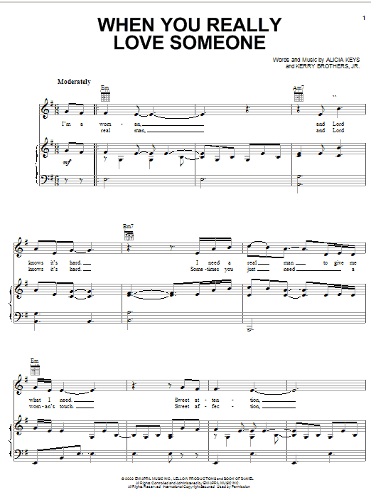 Learn to play Alicia Keys When You Really Love Someone sheet music for Piano, Vocal & Guitar (Right-Hand Melody) in minutes. Alicia Keys When You Really Love Someone sheet music preview music notes and score for Piano, Vocal & Guitar (Right-Hand Melody) including 7 page(s)