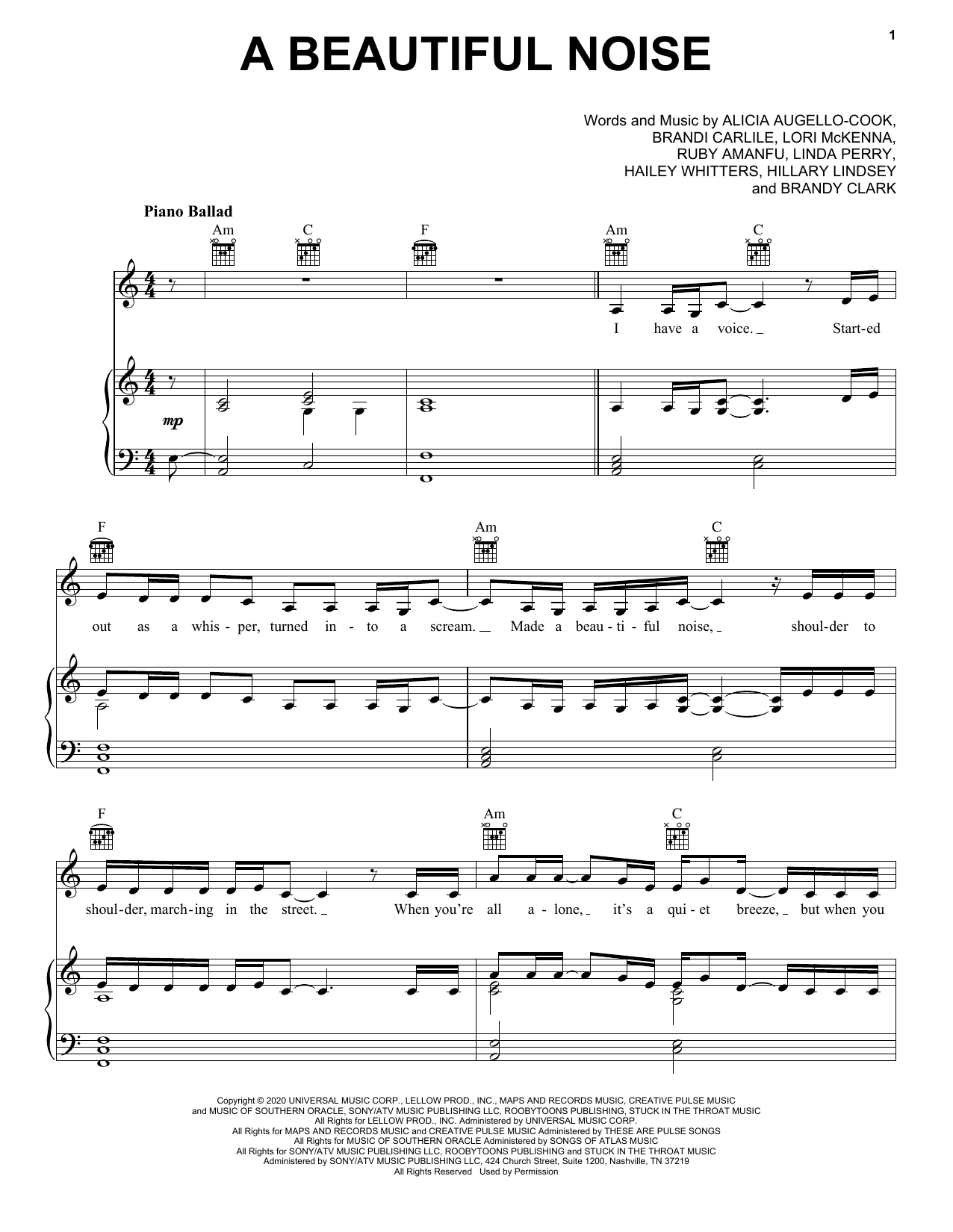 Learn to play Alicia Keys & Brandi Carlile A Beautiful Noise sheet music for Piano, Vocal & Guitar (Right-Hand Melody) in minutes. Alicia Keys & Brandi Carlile A Beautiful Noise sheet music notes and chords