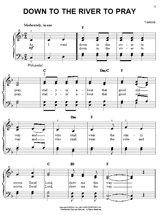 Alison Krauss Down To The River To Pray sheet music, chords, lyrics - Printable PDF for Easy Piano
