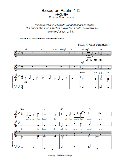 Learn to play Alison Hedger Based On Psalm 112 sheet music for Piano, Vocal & Guitar (Right-Hand Melody) in minutes. Alison Hedger Based On Psalm 112 sheet music preview music notes and score for Piano, Vocal & Guitar (Right-Hand Melody) including 3 page(s)