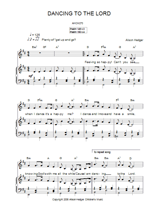 Alison Hedger Dancing To The Lord sheet music preview music notes and score for Piano, Vocal & Guitar (Right-Hand Melody) including 2 page(s)