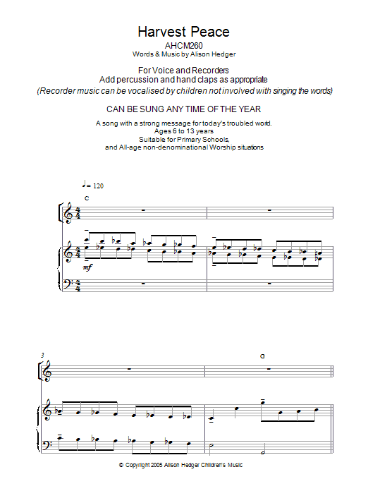 Alison Hedger Harvest Peace (Recorder Part) sheet music preview music notes and score for Melody Line, Lyrics & Chords including 2 page(s)