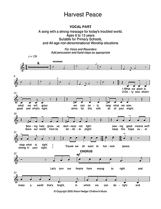 Alison Hedger Harvest Peace (Vocal Part) sheet music preview music notes and score for Melody Line, Lyrics & Chords including 2 page(s)