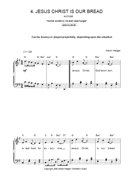 Alison Hedger Jesus Christ Is Our Bread sheet music preview music notes and score for Piano, Vocal & Guitar (Right-Hand Melody) including 2 page(s)