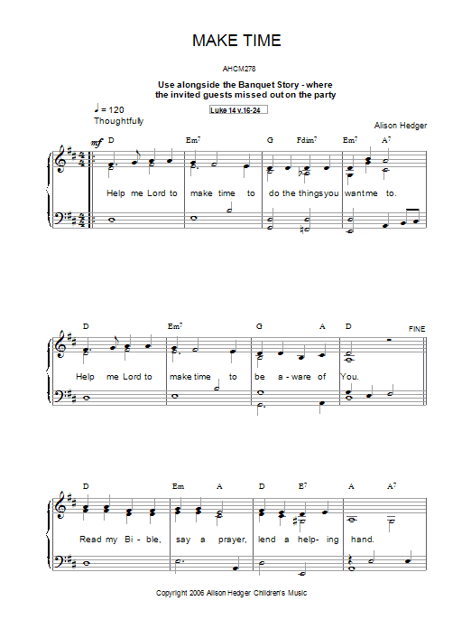 Alison Hedger Make Time sheet music preview music notes and score for Piano, Vocal & Guitar (Right-Hand Melody) including 2 page(s)