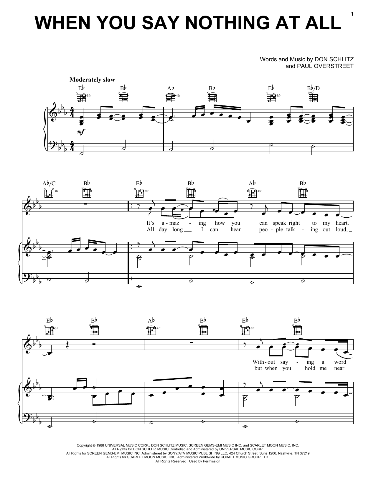 Learn to play Alison Krauss & Union Station When You Say Nothing At All sheet music for Piano, Vocal & Guitar (Right-Hand Melody) in minutes. Alison Krauss & Union Station When You Say Nothing At All sheet music notes and chords