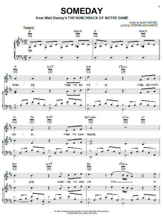 Download All-4-One Someday (from Walt Disney's The Hunchback Of Notre Dame) sheet music notes and chords for Piano, Vocal & Guitar (Right-Hand Melody) - Download Printable PDF and start playing in minutes.