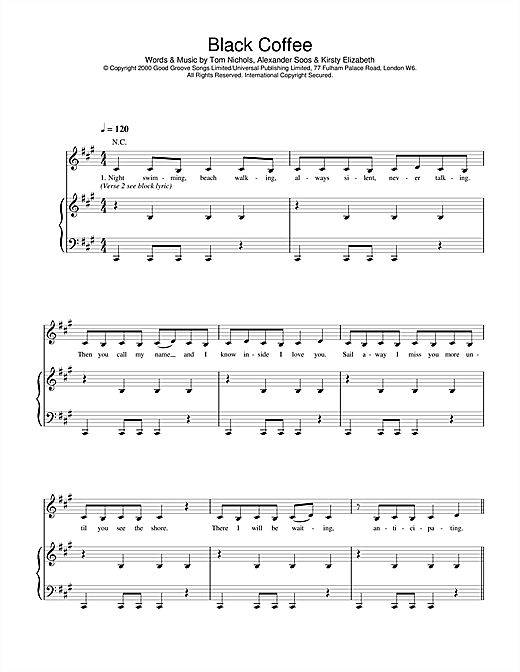 Learn to play All Saints Black Coffee sheet music for Piano, Vocal & Guitar in minutes. All Saints Black Coffee sheet music notes and chords