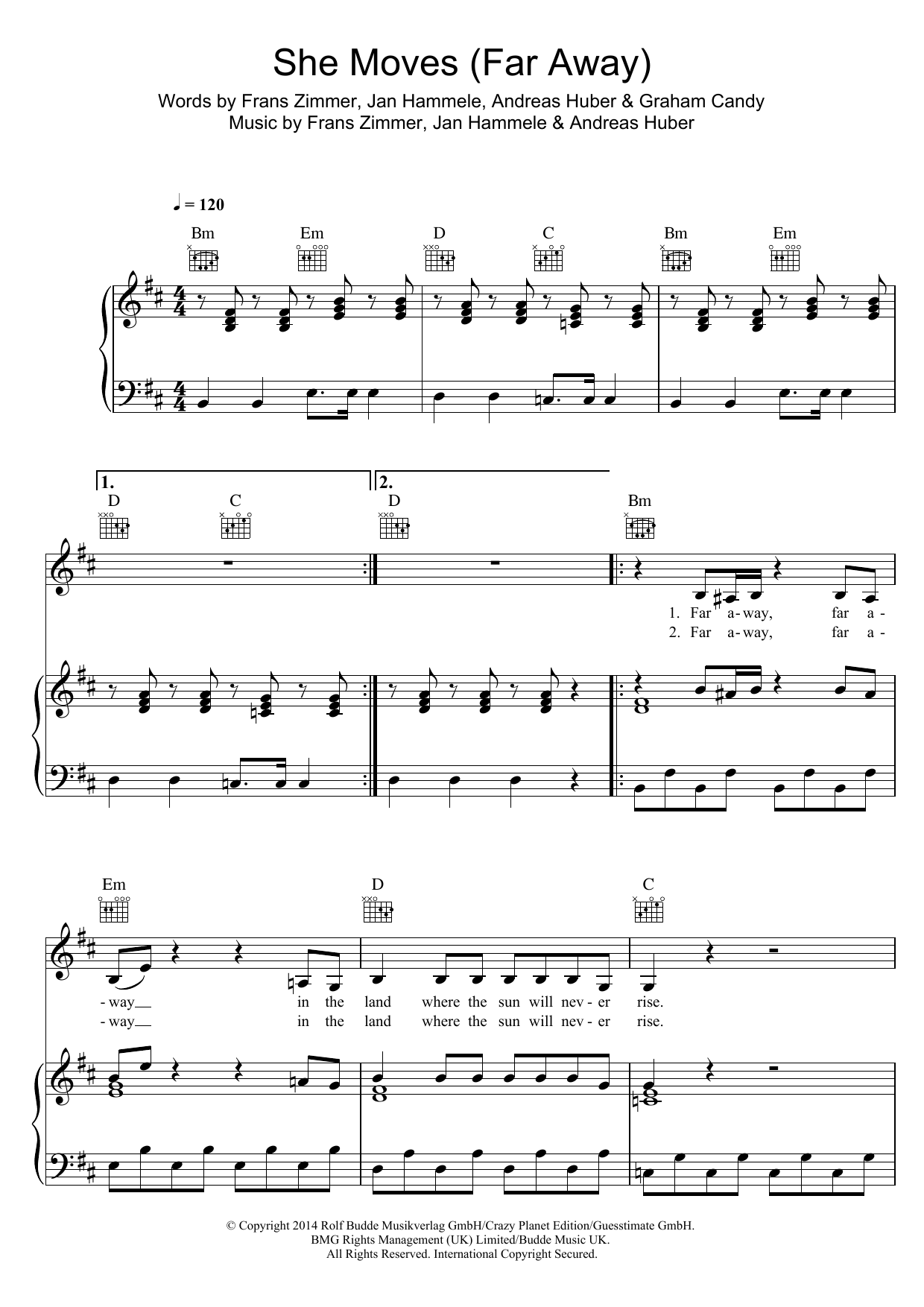 Alle Farben She Moves (Far Away) sheet music, chords, lyrics - Printable PDF for Piano, Vocal & Guitar (Right-Hand Melody)
