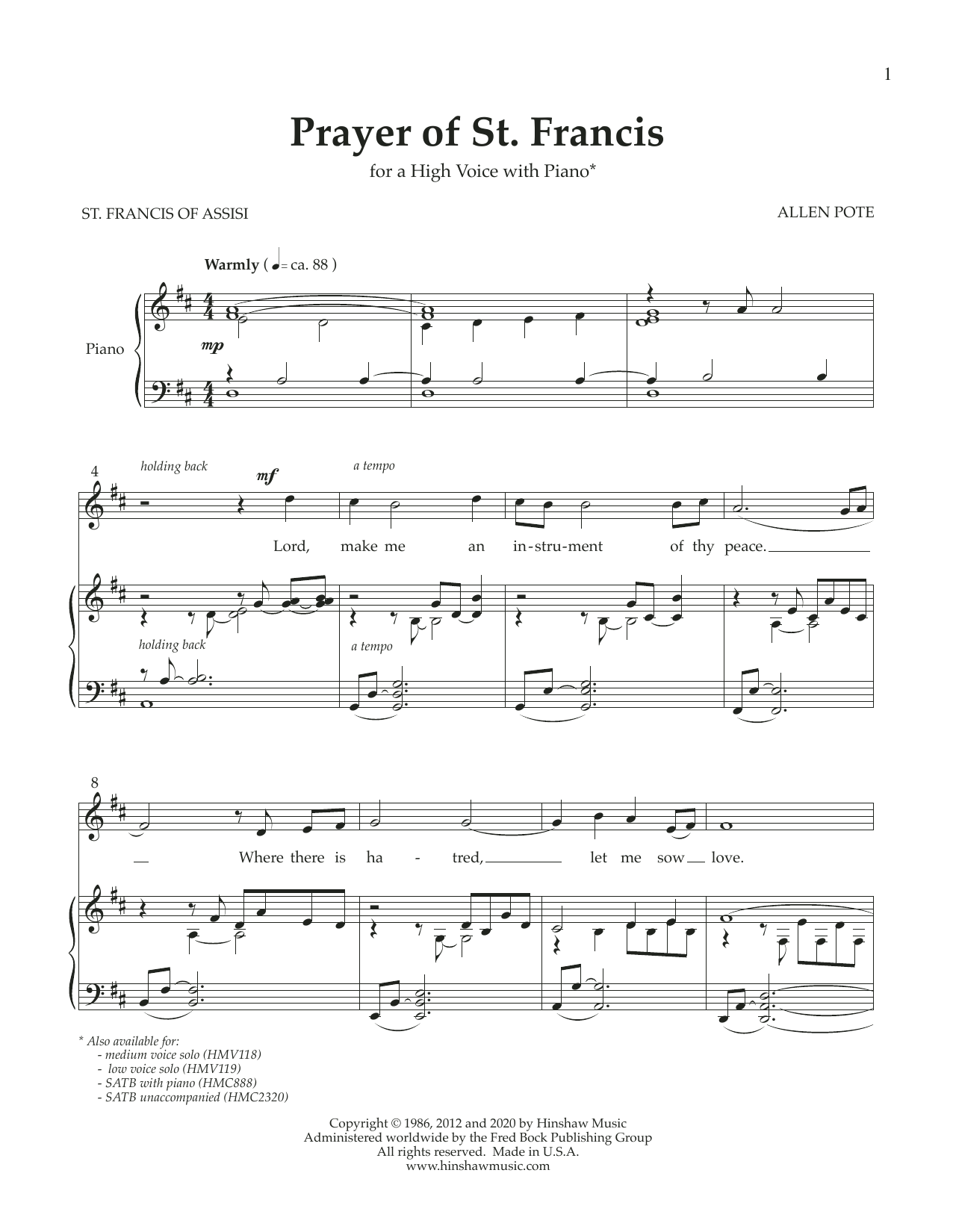 Learn to play Allen Pote Prayer of St. Francis (High Voice) sheet music for Piano & Vocal in minutes. Allen Pote Prayer of St. Francis (High Voice) sheet music preview music notes and score for Piano & Vocal including 8 page(s)