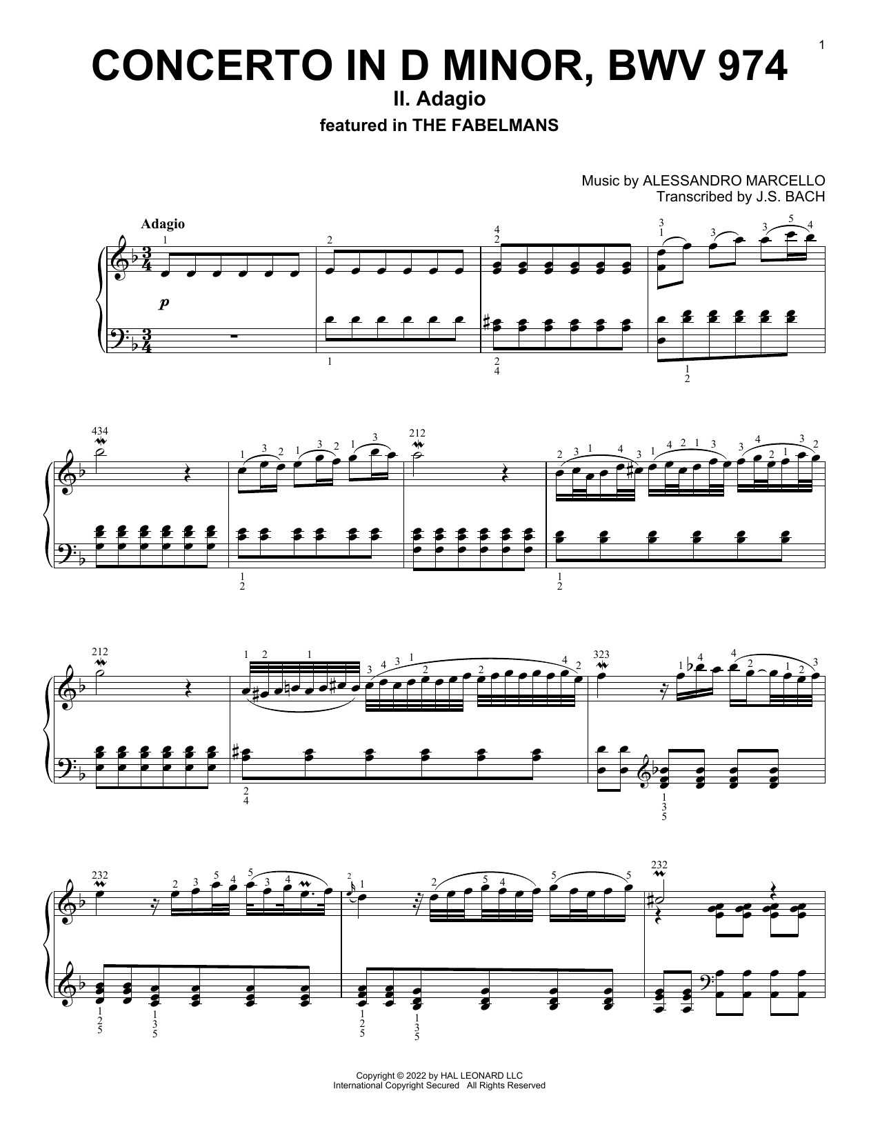Alessandro Marcello Concerto In D Minor, BWV 974 (II: Adagio) sheet music, chords, lyrics - Printable PDF for Piano Solo