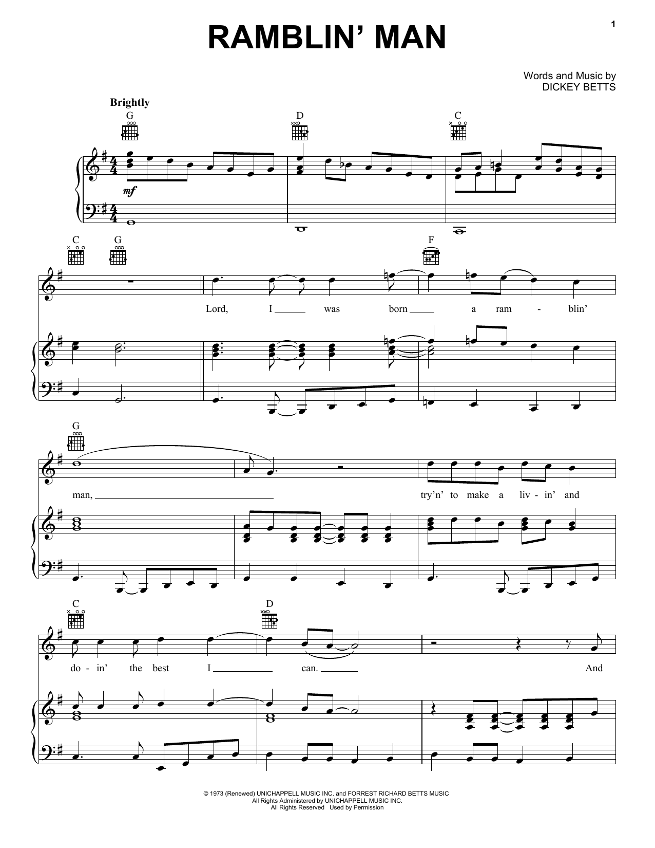 Download The Allman Brothers Band Ramblin' Man sheet music notes and chords for Piano, Vocal & Guitar (Right-Hand Melody) - Download Printable PDF and start playing in minutes.