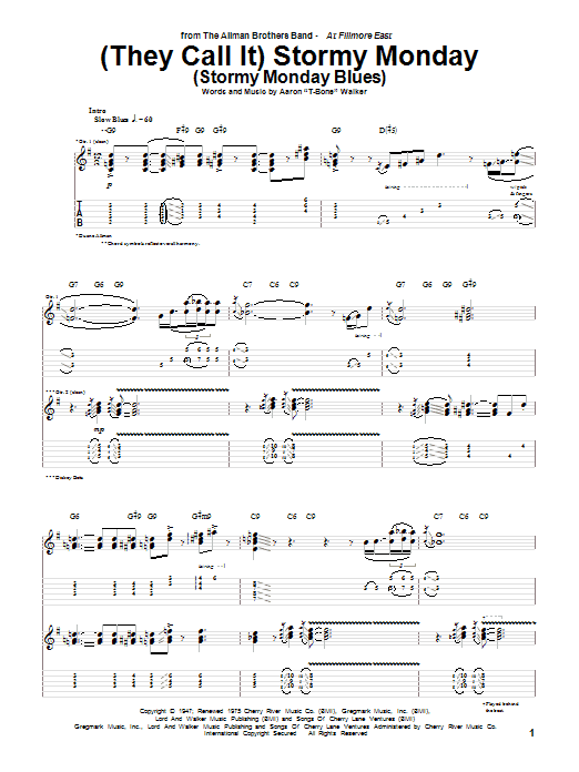 Learn to play Allman Brothers Band (They Call It) Stormy Monday (Stormy Monday Blues) sheet music for Guitar Tab in minutes. Allman Brothers Band (They Call It) Stormy Monday (Stormy Monday Blues) sheet music preview music notes and score for Guitar Tab including 23 page(s)