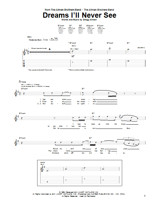 Learn to play The Allman Brothers Band Dreams I'll Never See sheet music for Guitar Tab in minutes. The Allman Brothers Band Dreams I'll Never See sheet music preview music notes and score for Guitar Tab including 10 page(s)