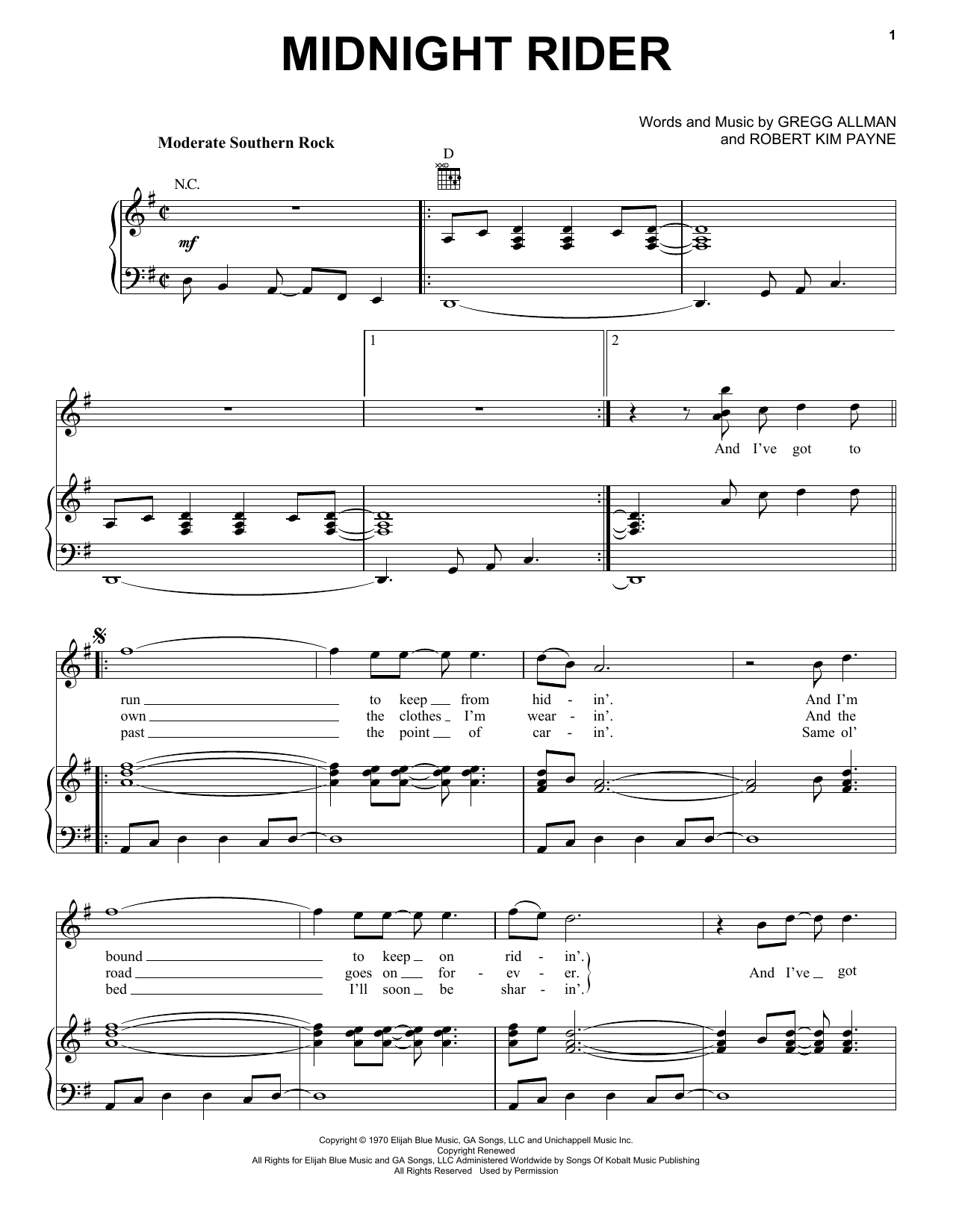 Learn to play Allman Brothers Band Midnight Rider sheet music for Piano, Vocal & Guitar (Right-Hand Melody) in minutes. Allman Brothers Band Midnight Rider sheet music notes and chords