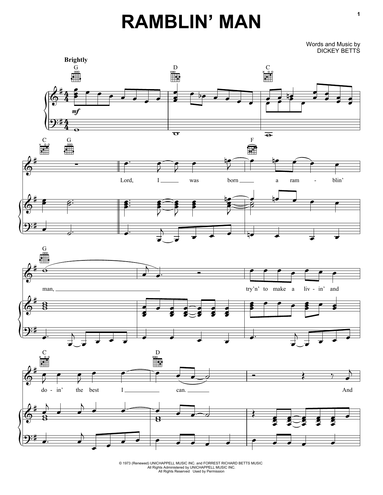 Learn to play The Allman Brothers Band Ramblin' Man sheet music for Piano, Vocal & Guitar (Right-Hand Melody) in minutes. The Allman Brothers Band Ramblin' Man sheet music notes and chords
