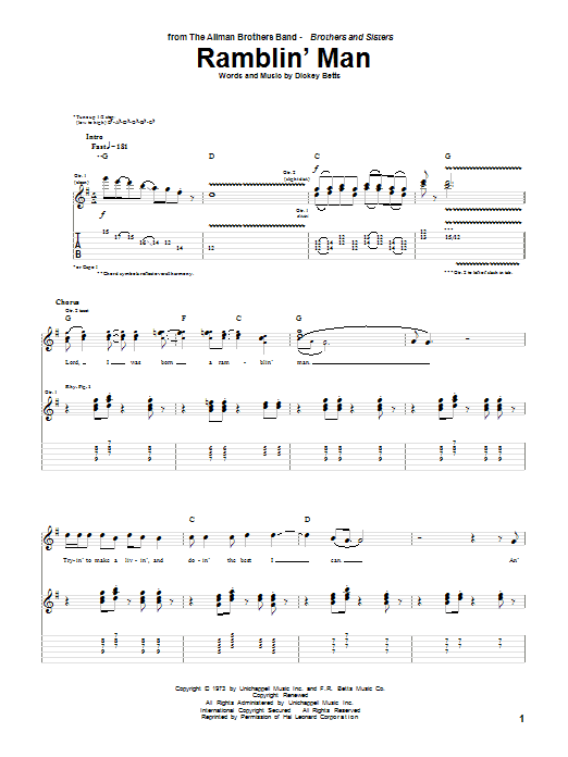 Learn to play The Allman Brothers Band Ramblin' Man sheet music for Piano, Vocal & Guitar (Right-Hand Melody) in minutes. The Allman Brothers Band Ramblin' Man sheet music notes and chords