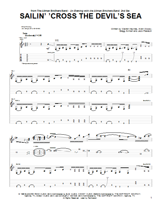 Learn to play The Allman Brothers Band Sailin' 'Cross The Devil's Sea sheet music for Guitar Tab in minutes. The Allman Brothers Band Sailin' 'Cross The Devil's Sea sheet music notes and chords