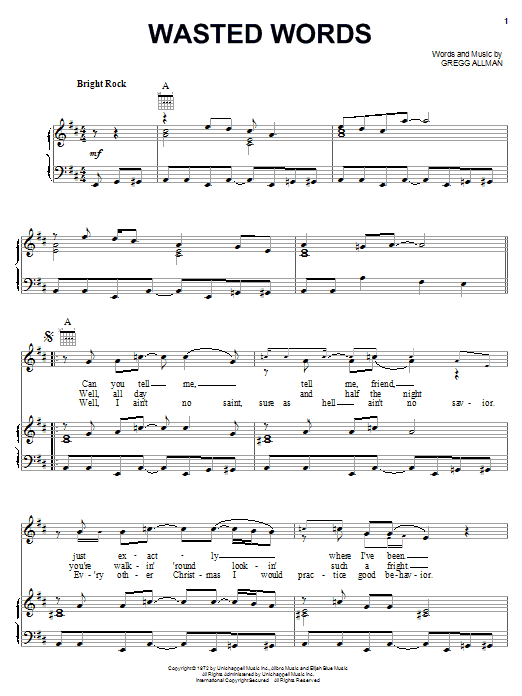 Learn to play The Allman Brothers Band Wasted Words sheet music for Piano, Vocal & Guitar (Right-Hand Melody) in minutes. The Allman Brothers Band Wasted Words sheet music notes and chords