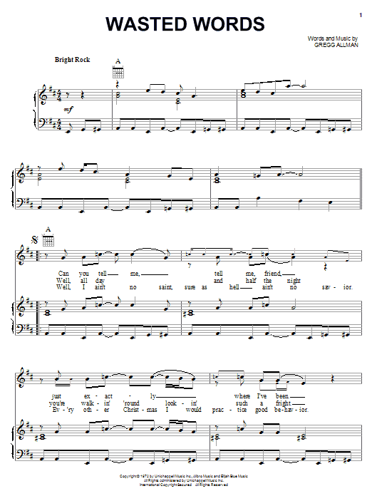 The Allman Brothers Band Wasted Words sheet music preview music notes and score for Piano, Vocal & Guitar (Right-Hand Melody) including 7 page(s)