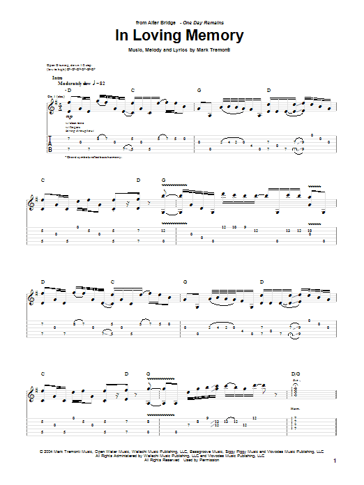 Alter Bridge In Loving Memory sheet music preview music notes and score for Guitar Tab including 9 page(s)