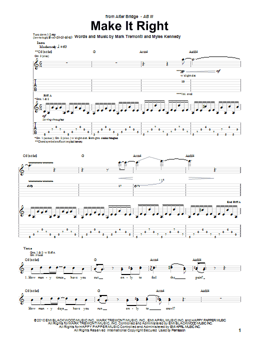 Learn to play Alter Bridge Make It Right sheet music for Guitar Tab in minutes. Alter Bridge Make It Right sheet music preview music notes and score for Guitar Tab including 14 page(s)