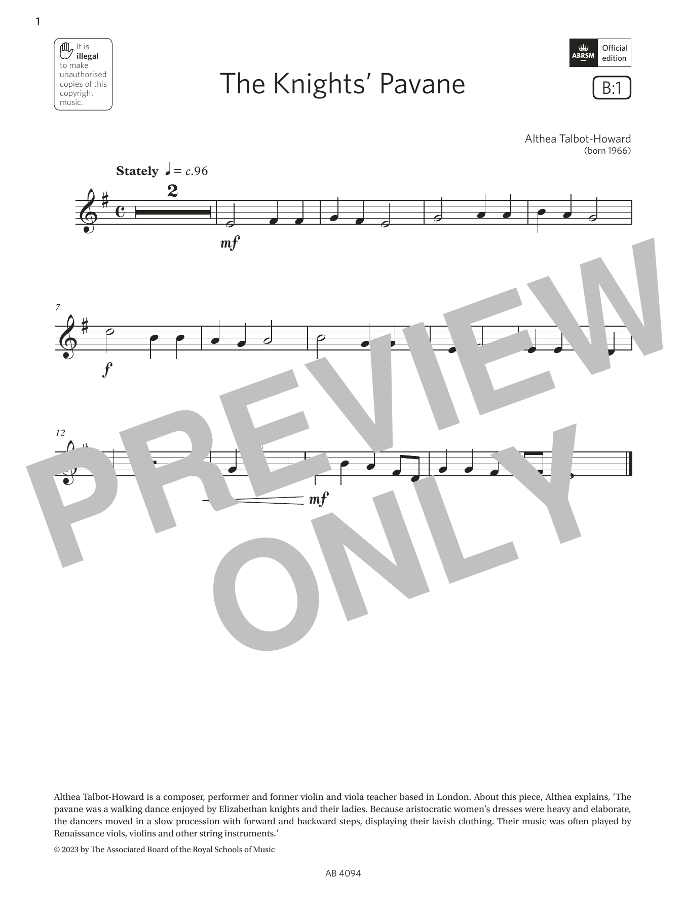 Althea Talbot-Howard The Knights' Pavane (Grade Initial, B1, from the ABRSM Violin Syllabus from 2024) sheet music, chords, lyrics - Printable PDF for Violin Solo