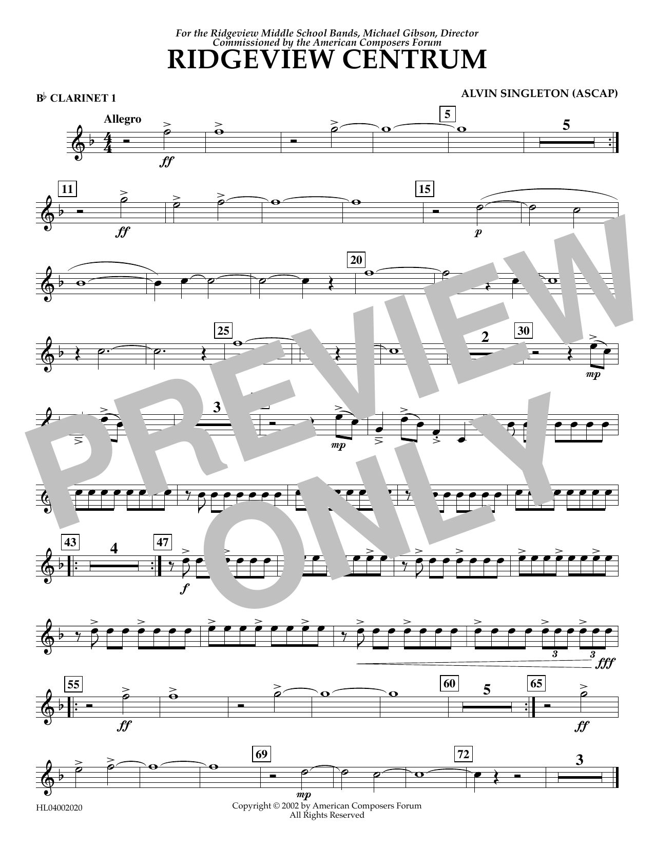 Alvin Singleton Ridgeview Centrum - Bb Clarinet 1 sheet music preview music notes and score for Concert Band including 1 page(s)