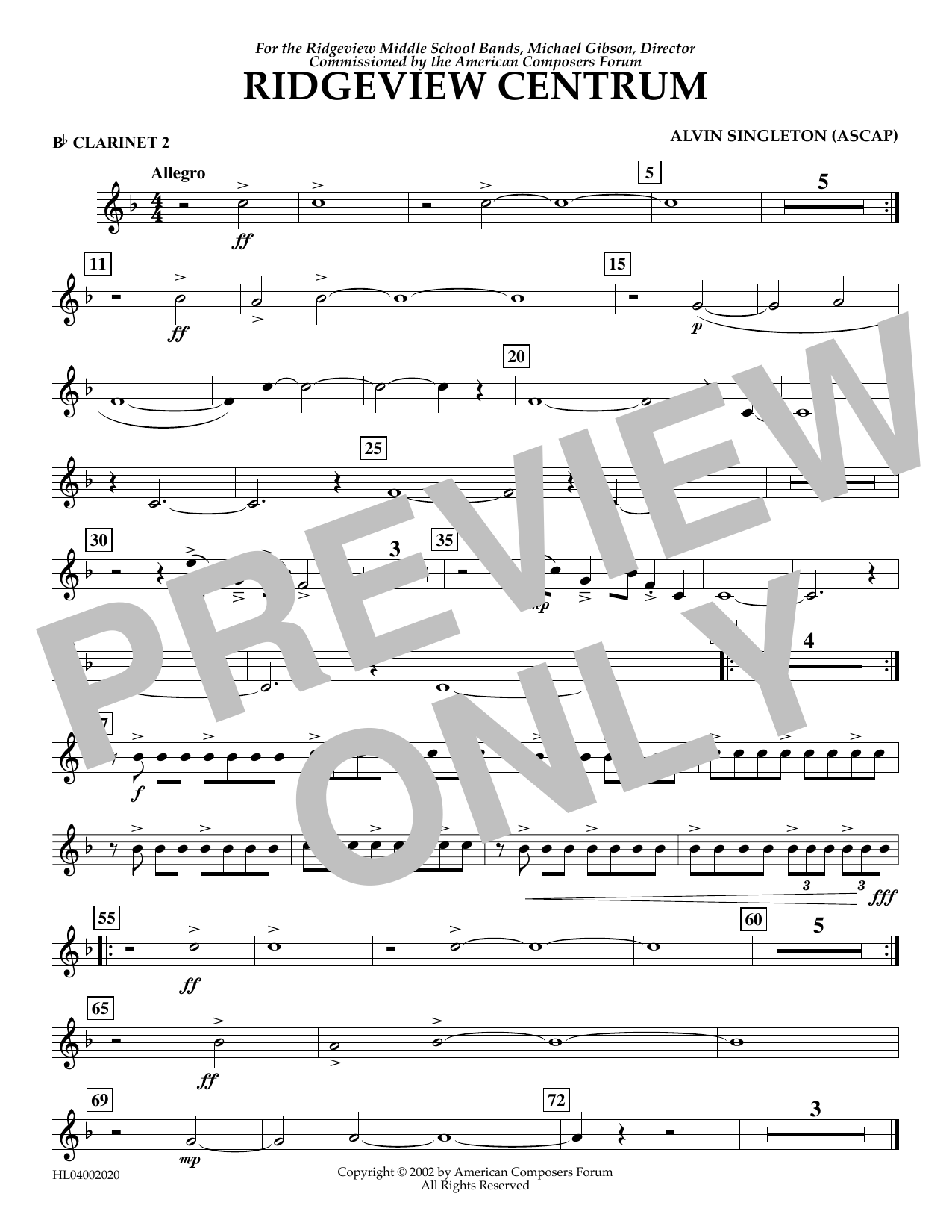 Learn to play Alvin Singleton Ridgeview Centrum - Bb Clarinet 2 sheet music for Concert Band in minutes. Alvin Singleton Ridgeview Centrum - Bb Clarinet 2 sheet music preview music notes and score for Concert Band including 1 page(s)