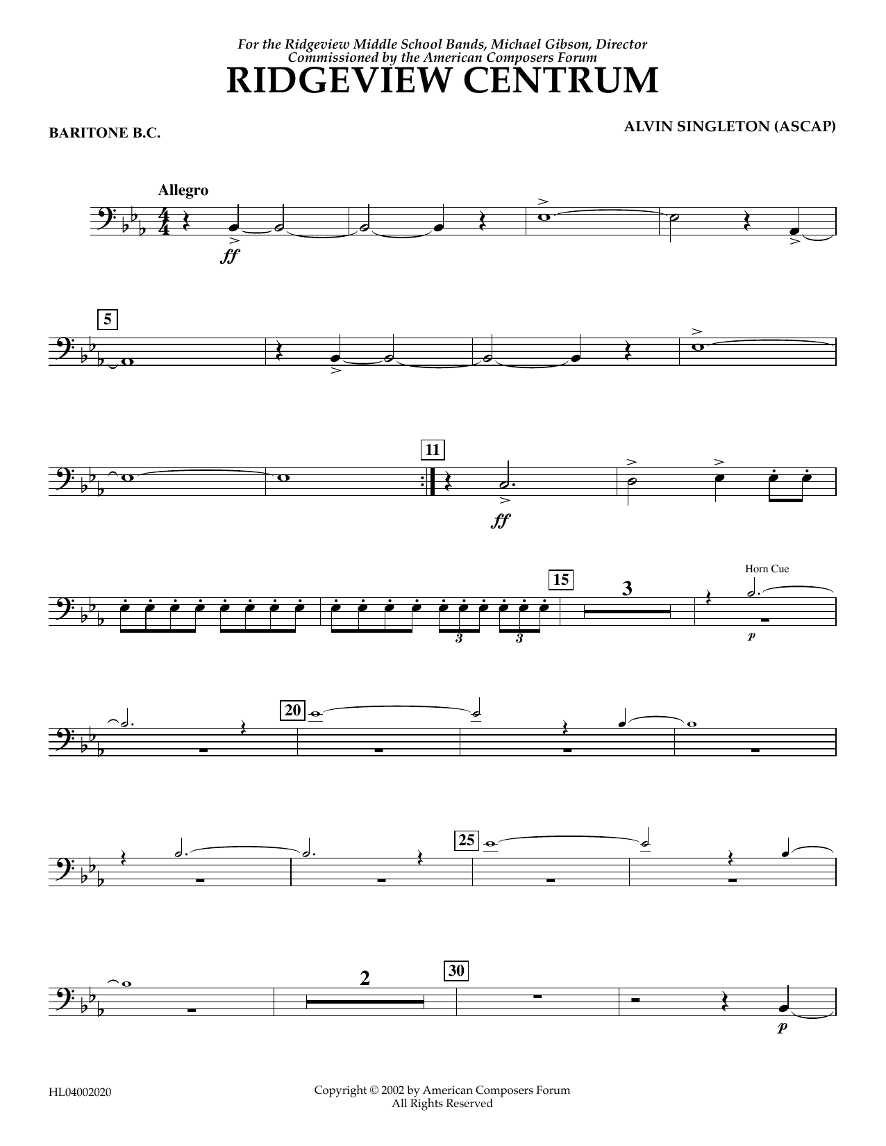 Learn to play Alvin Singleton Ridgeview Centrum - Euphonium in Bass Clef sheet music for Concert Band in minutes. Alvin Singleton Ridgeview Centrum - Euphonium in Bass Clef sheet music preview music notes and score for Concert Band including 2 page(s)