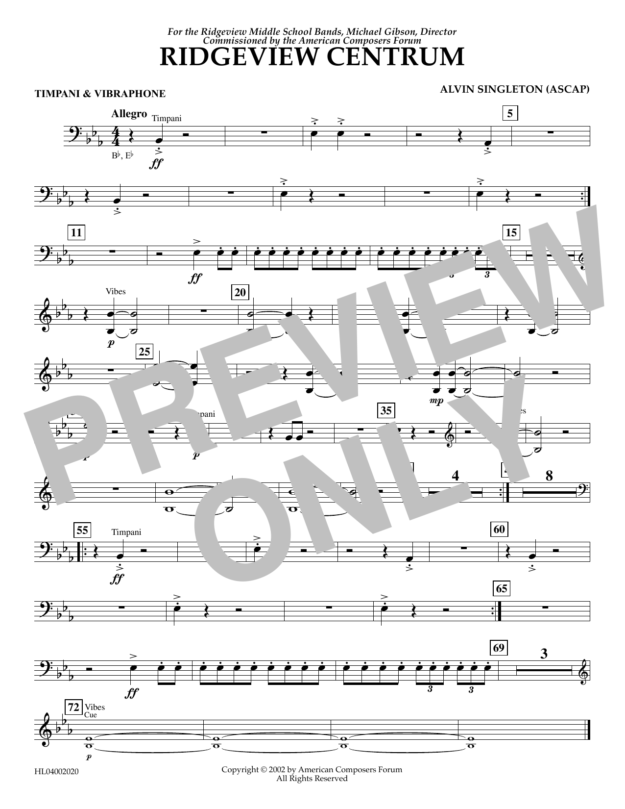 Alvin Singleton Ridgeview Centrum - Timpani, Vibraphone sheet music preview music notes and score for Concert Band including 1 page(s)