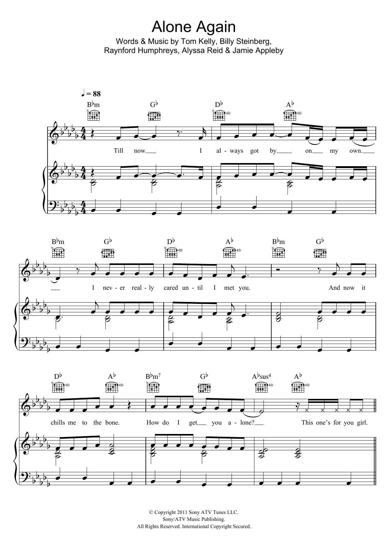 Alyssa Reid Alone Again sheet music preview music notes and score for Piano, Vocal & Guitar (Right-Hand Melody) including 5 page(s)
