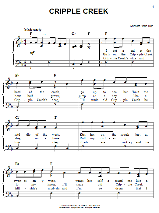 Learn to play American Fiddle Tune Cripple Creek sheet music for Easy Piano in minutes. American Fiddle Tune Cripple Creek sheet music preview music notes and score for Easy Piano including 2 page(s)
