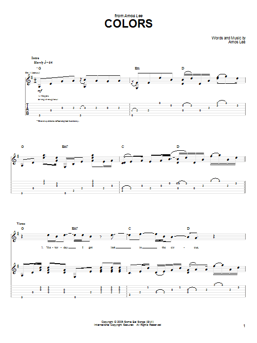 Amos Lee Colors sheet music, chords, lyrics - Printable PDF for Guitar Tab