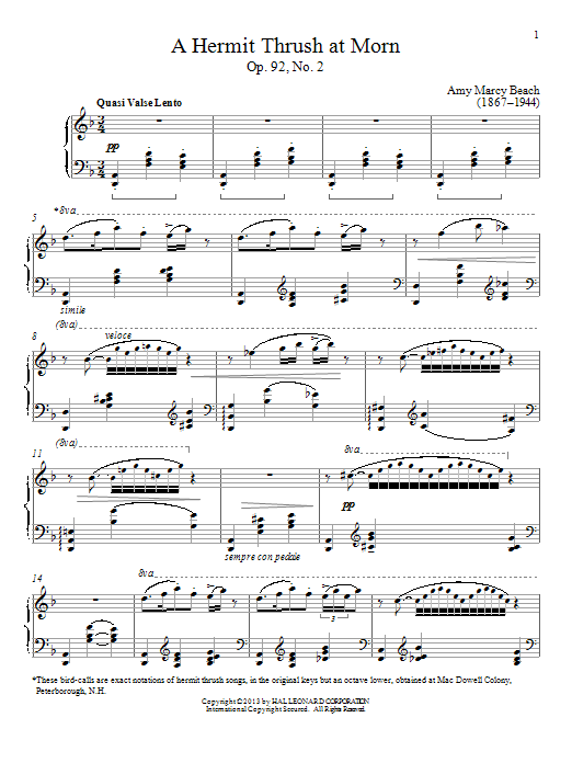 Gail Smith A Hermit Thrush At Morn, Op. 92, No. 2 sheet music, chords, lyrics - Printable PDF for Piano