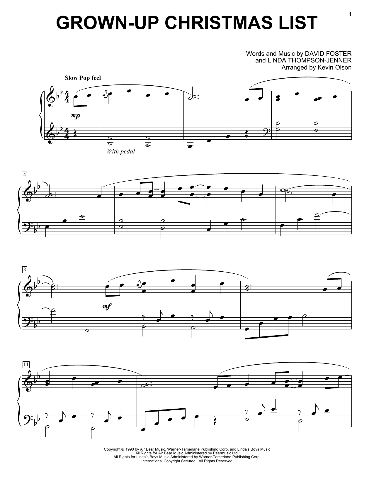 Amy Grant Grown-Up Christmas List (arr. Kevin Olson) sheet music, chords, lyrics - Printable PDF for Easy Piano Solo