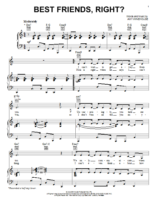 Amy Winehouse Best Friends, Right? sheet music, chords, lyrics - Printable PDF for Piano, Vocal & Guitar (Right-Hand Melody)