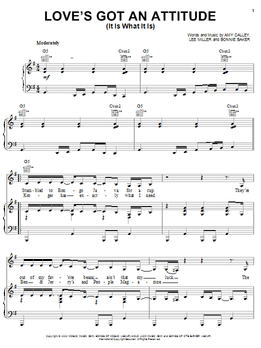 Learn to play Amy Dalley Love's Got An Attitude (It Is What It Is) sheet music for Piano, Vocal & Guitar (Right-Hand Melody) in minutes. Amy Dalley Love's Got An Attitude (It Is What It Is) sheet music notes and chords