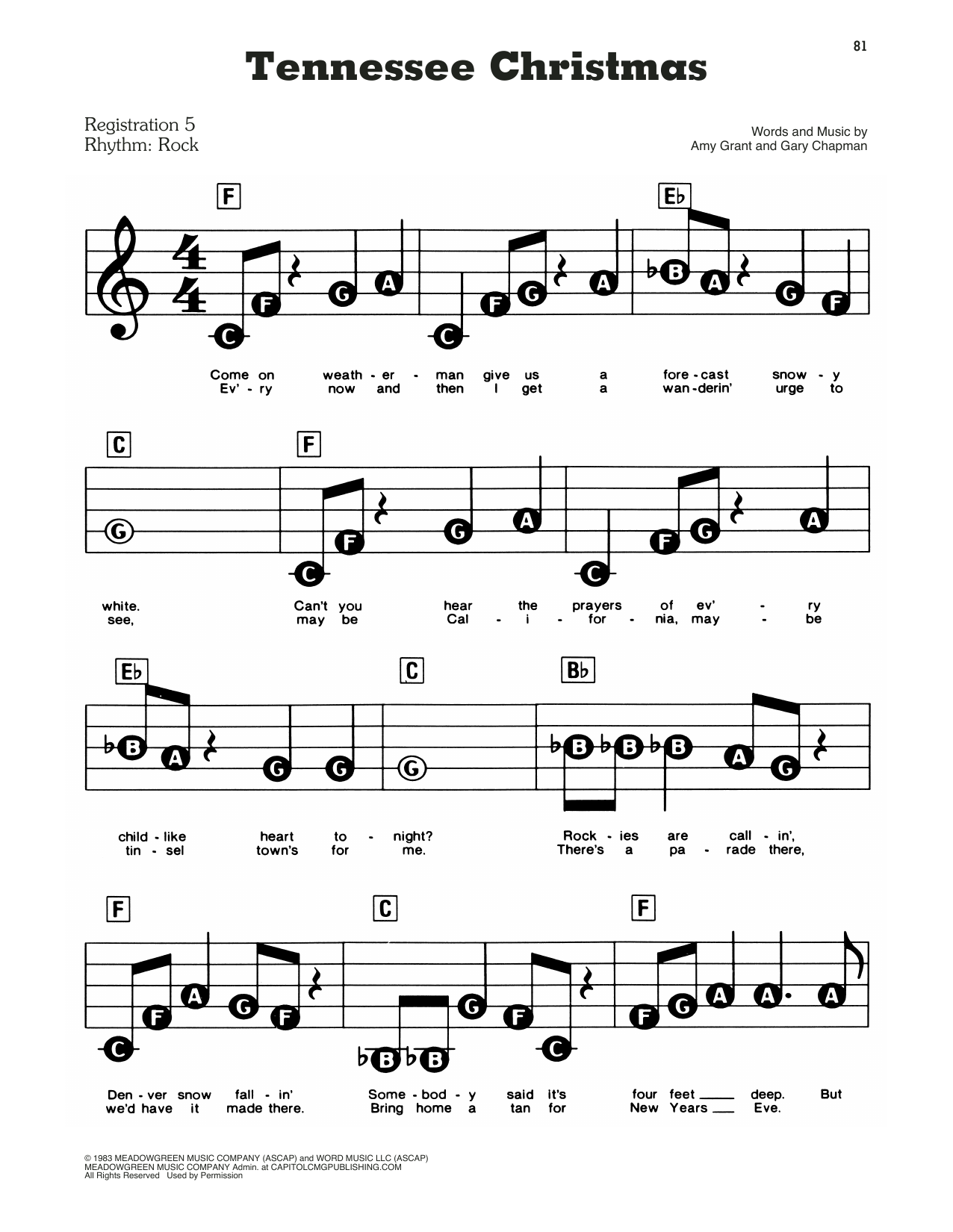 Learn to play Amy Grant Tennessee Christmas sheet music for E-Z Play Today in minutes. Amy Grant Tennessee Christmas sheet music preview music notes and score for E-Z Play Today including 3 page(s)