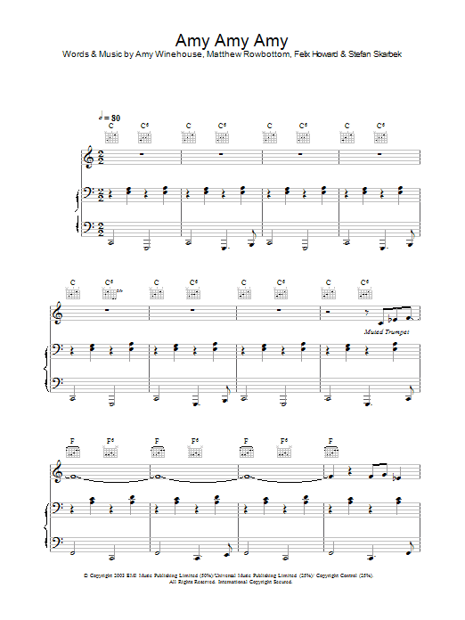 Learn to play Amy Winehouse Amy Amy Amy sheet music for Piano, Vocal & Guitar in minutes. Amy Winehouse Amy Amy Amy sheet music preview music notes and score for Piano, Vocal & Guitar including 6 page(s)