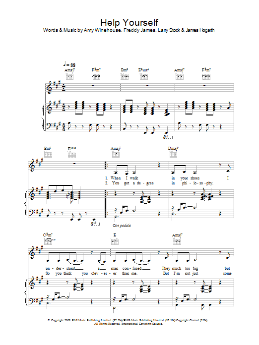Learn to play Amy Winehouse Help Yourself sheet music for Piano, Vocal & Guitar in minutes. Amy Winehouse Help Yourself sheet music preview music notes and score for Piano, Vocal & Guitar including 5 page(s)