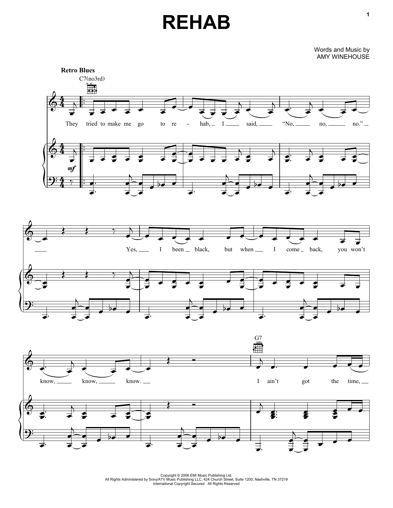 Learn to play Amy Winehouse Rehab sheet music for Piano, Vocal & Guitar (Right-Hand Melody) in minutes. Amy Winehouse Rehab sheet music preview music notes and score for Piano, Vocal & Guitar (Right-Hand Melody) including 6 page(s)