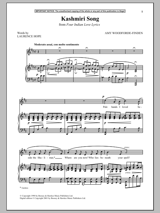 Learn to play Amy Woodforde-Finden Kashmiri Song from Four Indian Love Lyrics sheet music for Piano & Vocal in minutes. Amy Woodforde-Finden Kashmiri Song from Four Indian Love Lyrics sheet music notes and chords
