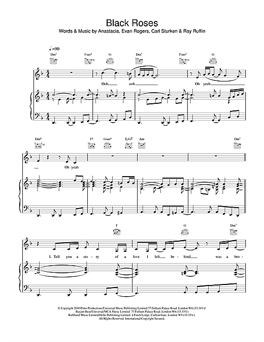 Learn to play Anastacia Black Roses sheet music for Piano, Vocal & Guitar (Right-Hand Melody) in minutes. Anastacia Black Roses sheet music notes and chords