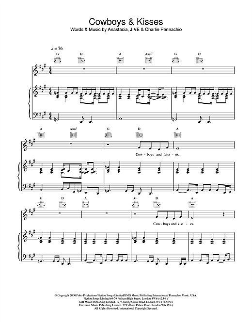Learn to play Anastacia Cowboys & Kisses sheet music for Piano, Vocal & Guitar (Right-Hand Melody) in minutes. Anastacia Cowboys & Kisses sheet music notes and chords