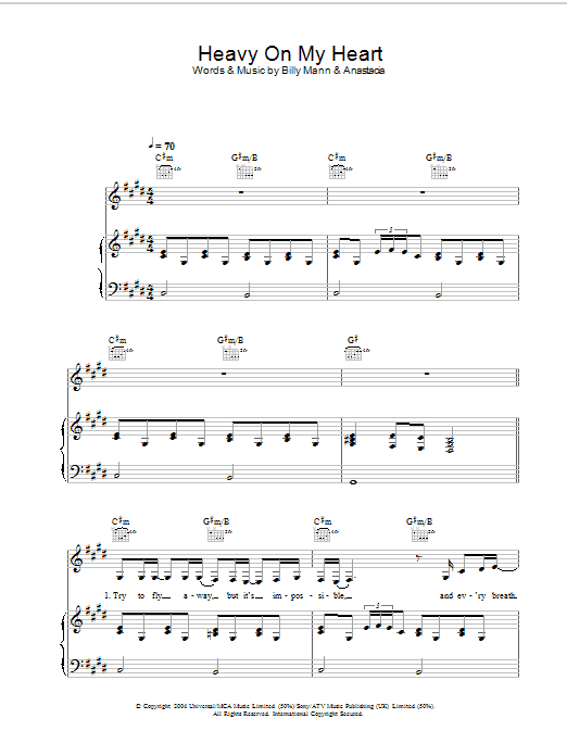 Learn to play Anastacia Heavy On My Heart sheet music for Piano, Vocal & Guitar in minutes. Anastacia Heavy On My Heart sheet music preview music notes and score for Piano, Vocal & Guitar including 7 page(s)