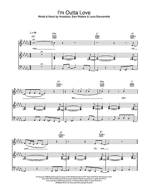 Learn to play Anastacia I'm Outta Love sheet music for Piano, Vocal & Guitar in minutes. Anastacia I'm Outta Love sheet music notes and chords