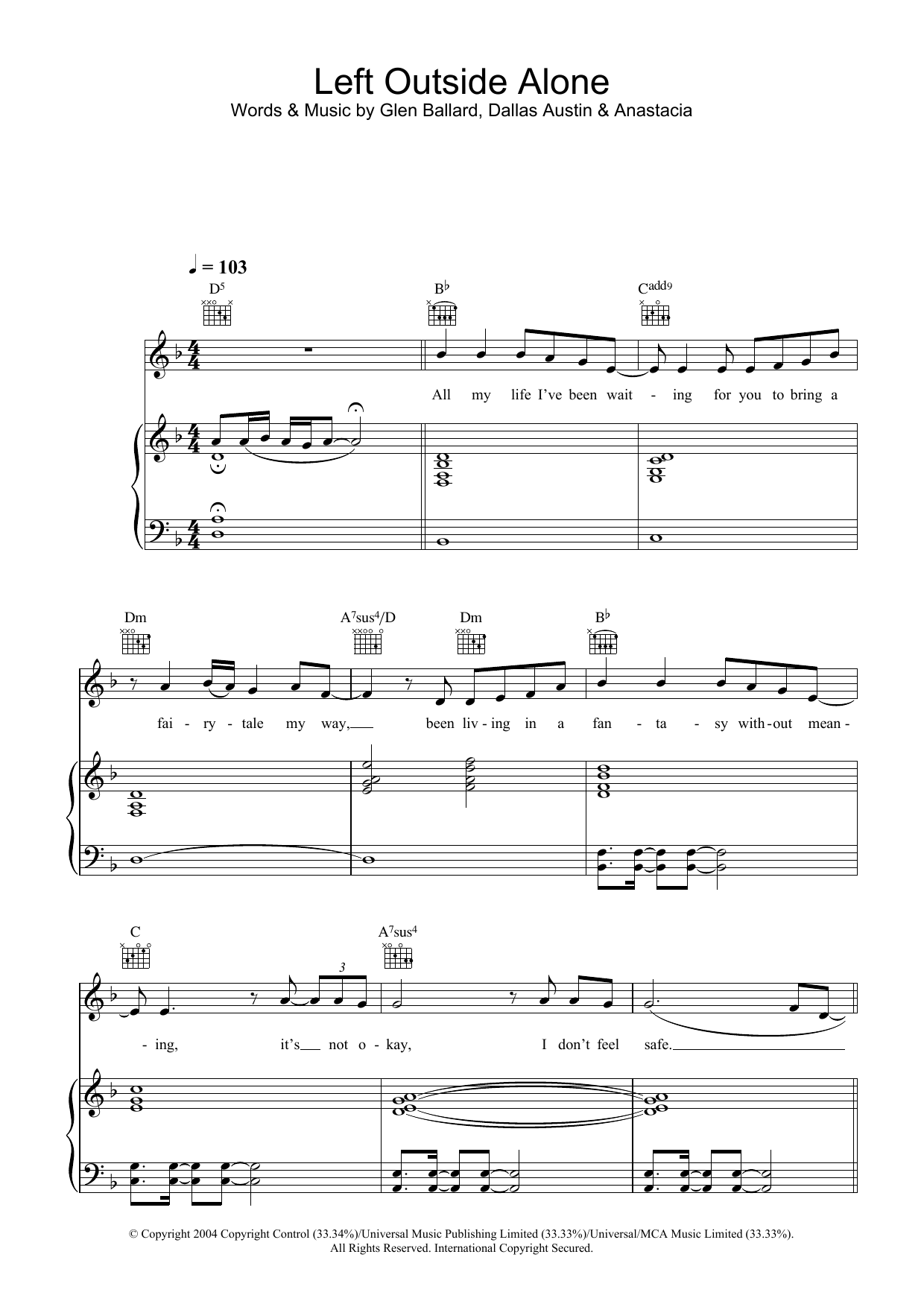 Learn to play Anastacia Left Outside Alone sheet music for Piano, Vocal & Guitar in minutes. Anastacia Left Outside Alone sheet music preview music notes and score for Piano, Vocal & Guitar including 8 page(s)
