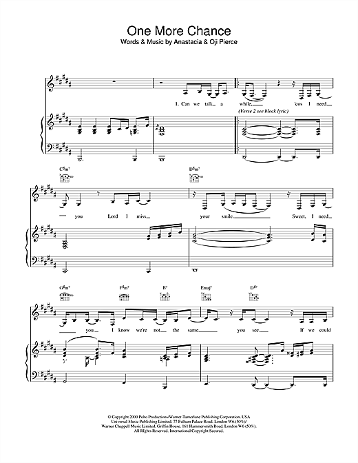 Learn to play Anastacia One More Chance sheet music for Piano, Vocal & Guitar in minutes. Anastacia One More Chance sheet music notes and chords
